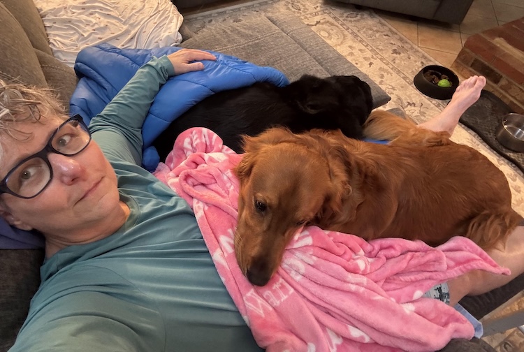 Melissa recovers from an illness at home. She is sitting on a comfy recliner with her two dogs.
