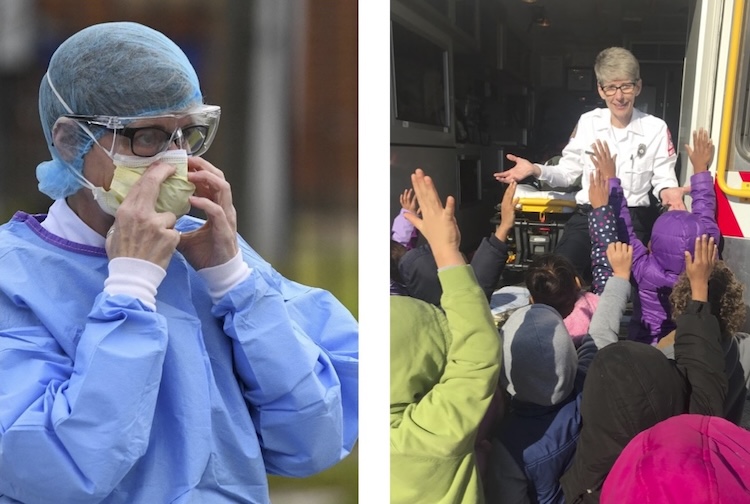 On the left, Melissa working during the COVID-19 pandemic and to the right, Melissa speaking to a group of kids about EMS.