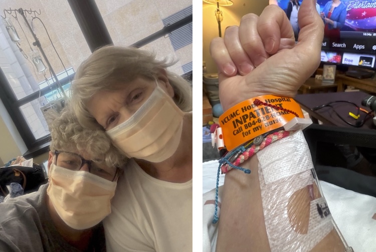 Two images. On the left side, two women wear face masks in a hospital. On the right, Melissa’s armband for patients of VCU Health Hospital at Home.