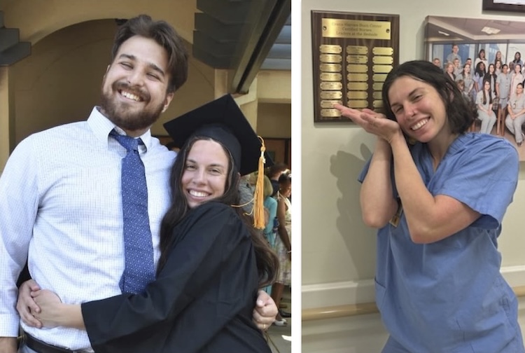 Brittany and her husband at her nursing school graduation and when she because a burn nurse for Evans-Haynes