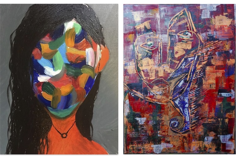 Two pieces of abstract art depicting patients' faces