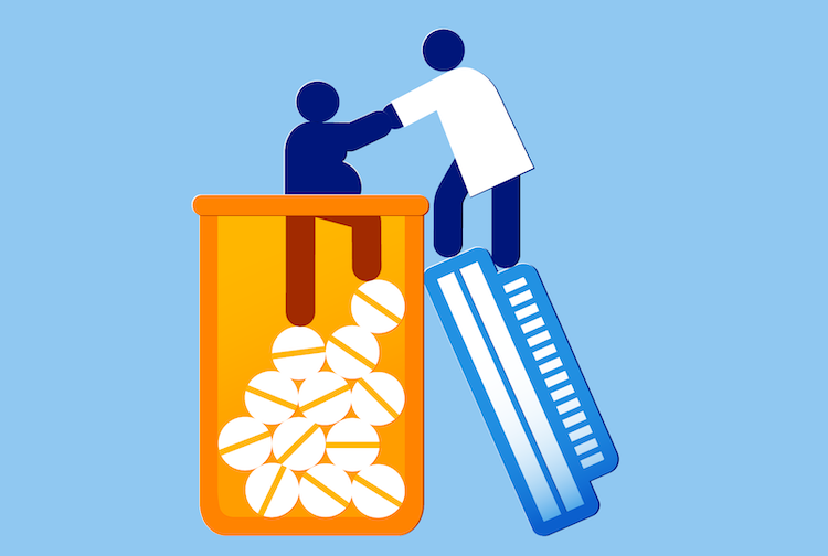 Graphic of figurine climbing out a prescription bottle with the help of a another figure