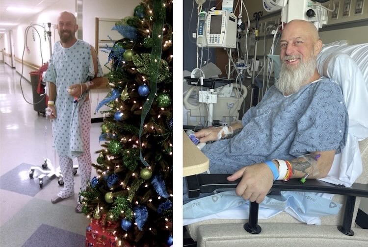 Two photos of Rick in the hospital after donating his kidney and liver.
