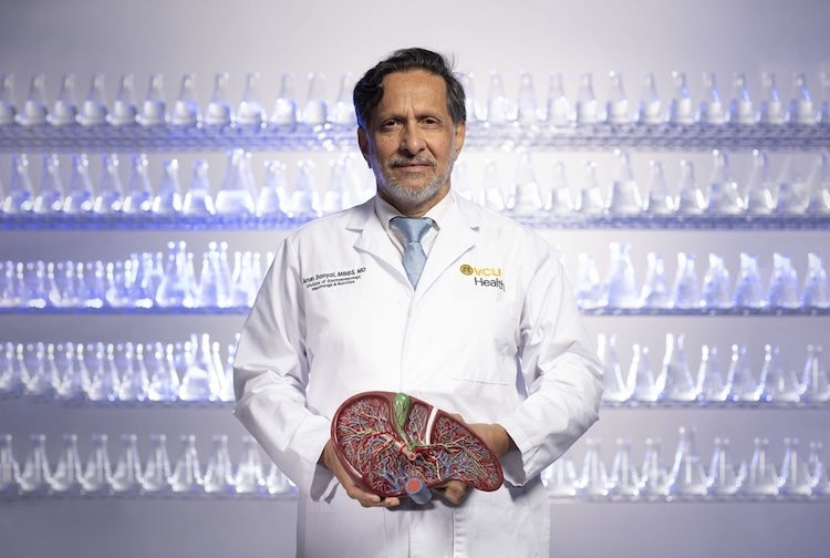 Man in white medical jacket holding a model of the liver