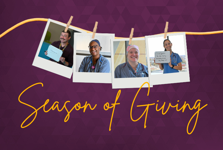 Graphic with polaroid photos of VCU Health employees hangs over the words 'Season of Giving'