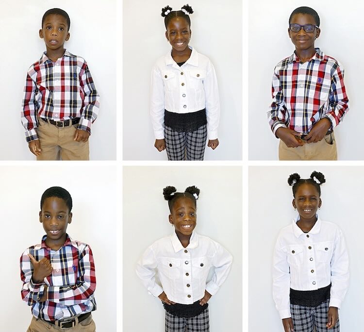 Collage of six 8-year-olds with the girls in matching outfits, and the boys in matching outfits
