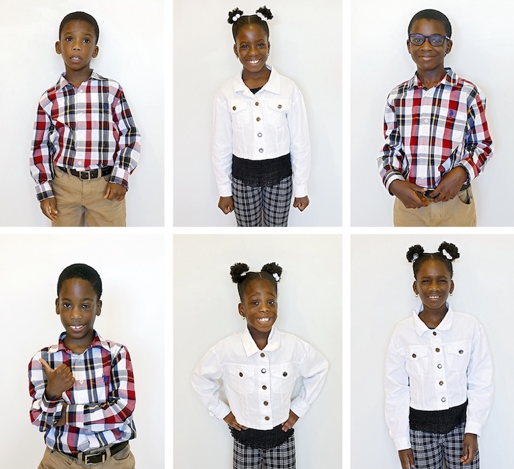 Collage of six 8-year-olds with the girls in matching outfits, and the boys in matching outfits