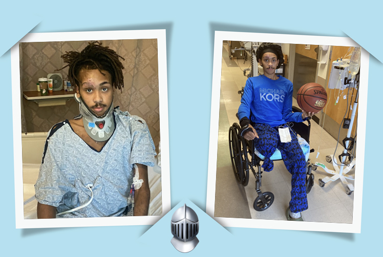 Two photos of Ky Betts in the hospital after surgery and him playing with a basketball in a wheel chair