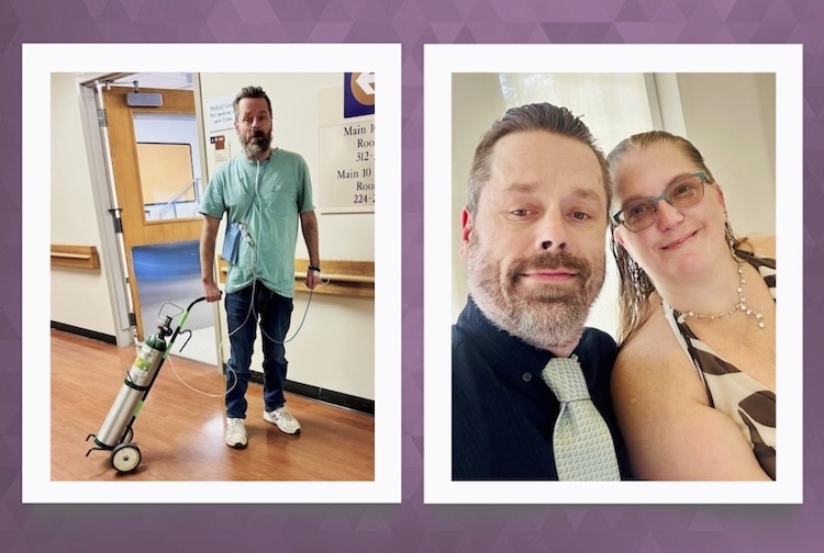 Two photos of Ty. The first shows how he walked with an oxygen tank before his lung transplant surgery, and the second shows him looking healthy after the procedure with his wife at a wedding.