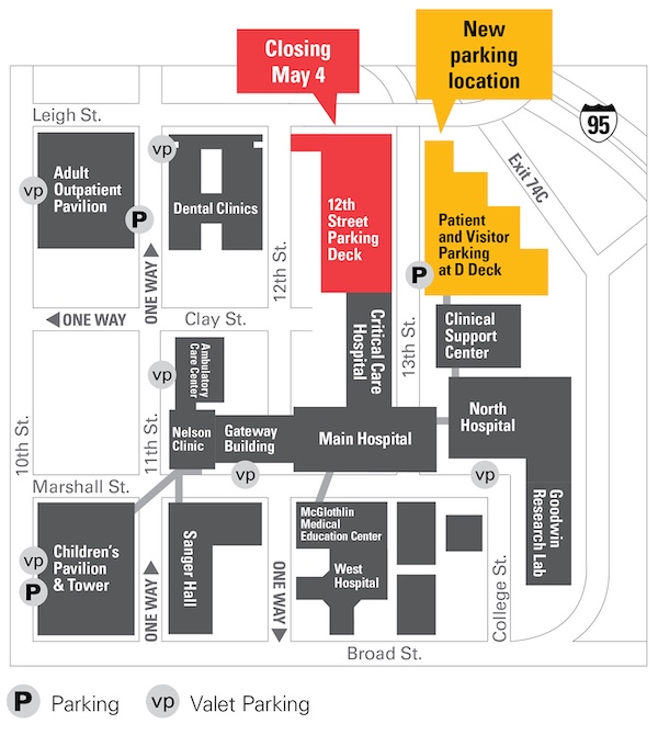 Medical Center campus map with parking locations changes marked in red and yello