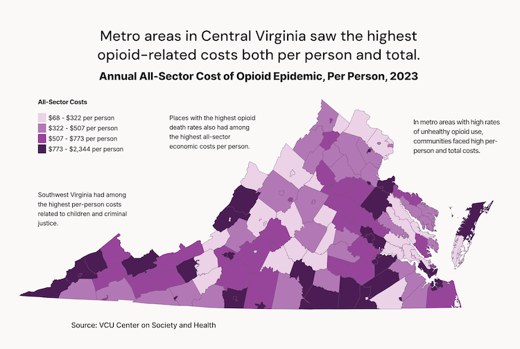 Map depicting areas with high numbers of opioid-related costs