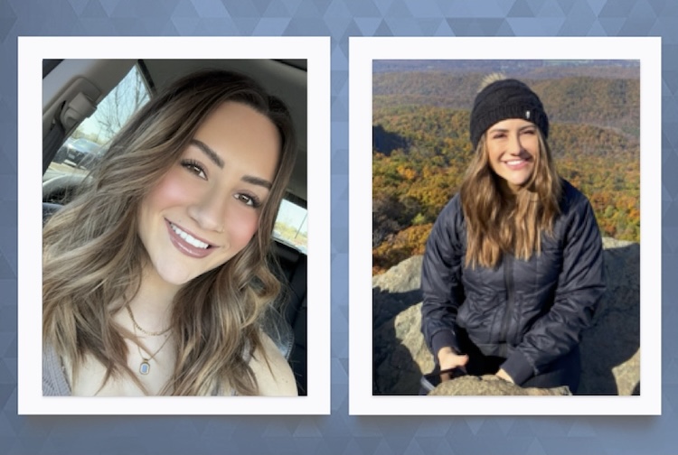 Two photos of woman. In one image, she is sitting in a car. The other is of her at the top of a mountain smiling after a hike.
