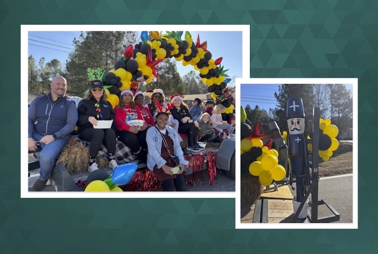 A collage of photos showcasing hospital employees on a holiday themed float.