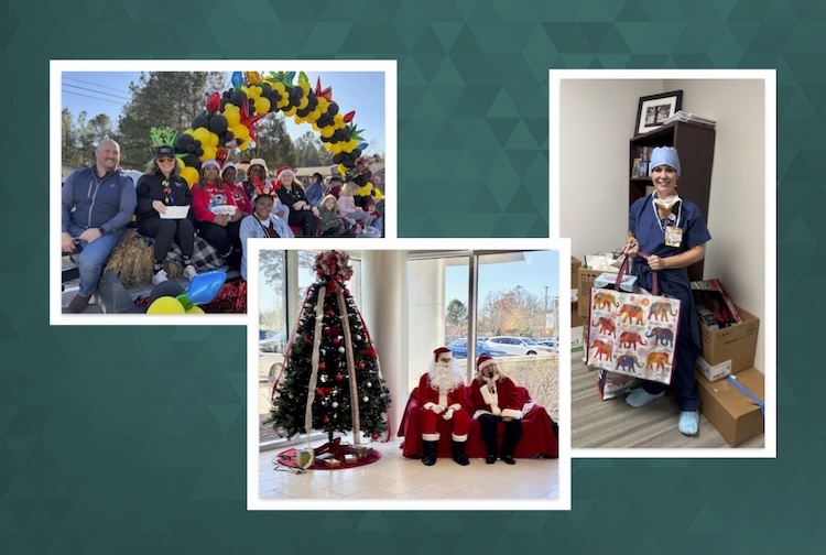A collage of three photos featuring hospital employees celebrating the holiday spirit.