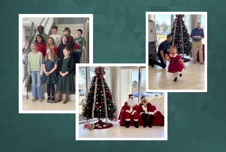 A collage of photos from a hospital tree-lighting ceremony featuring children singing on stairs, a young girl smiling and laughing and Santa and Mrs. Clause posing by the Christmas tree.