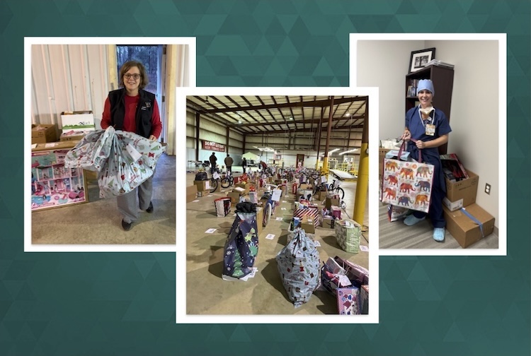  A collage of three photos featuring hospital employees posing with wrapped gifts for a holiday toy drive benefiting children in the need.