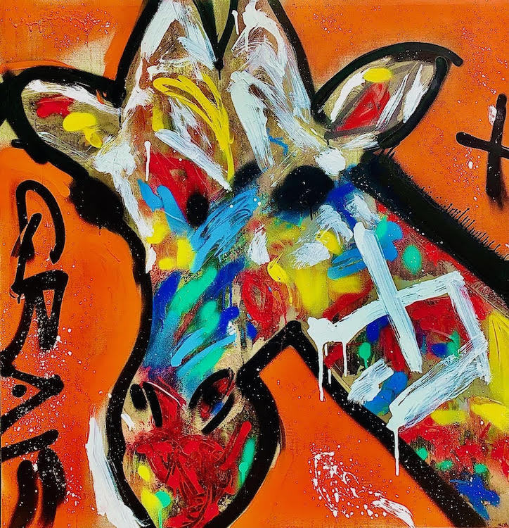 Mixed media art of a giraffe. The background is orange and the giraffe's face has multiple colors including red, yellow, blue and white.