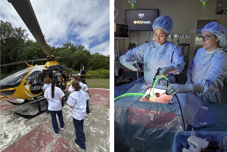 Students look at a medical helicopter and perform a mock surgery in a staged operating room