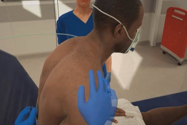 an IVR nursing simulation showing what students see when using a headset