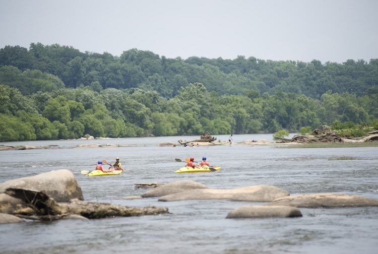 People wearing life jackets and helmets paddle in yellow kayaks along the James River in the summer.