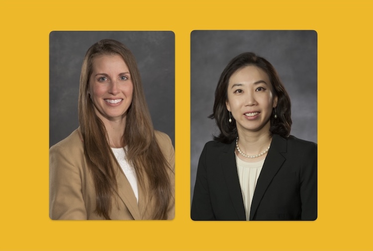 Headshots of two women in suits with a yellow background