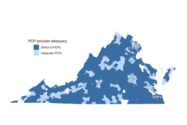 Map of Virginia in different shades of blue, showing areas where there are primary care shortages