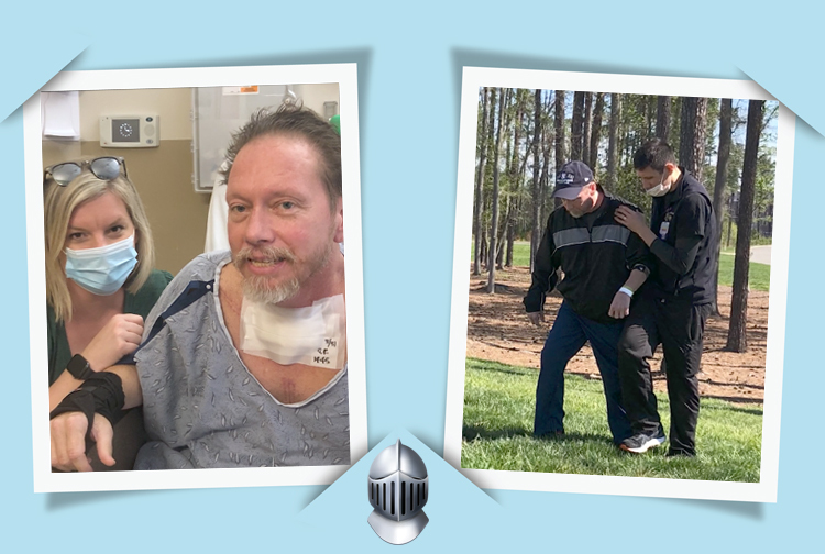 Man with bandages next to woman, man also walking with help of physical therapist 