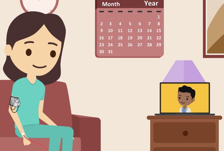 Graphic showing a doctor and patient speaking to each other virtually to demonstrate how VCU Health Home Hospital works