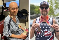 Kyle Dodd in a hospital gown during his treatment at VCU Health Hume-Lee Transplant Center, and Kyle holding his medals at the 2025 World Transplant Games.