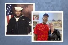 Pictures of Veteran James Ellis in U.S. Navy uniform and one with him and his liver donor.