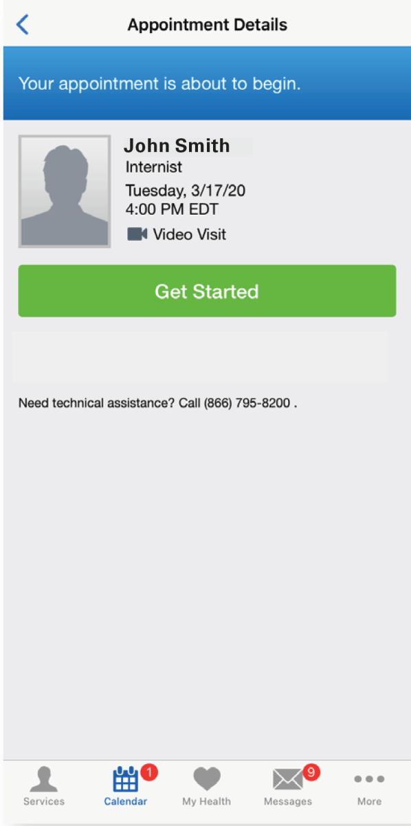 Mobile phone screen with text Your Appointment is about to begin