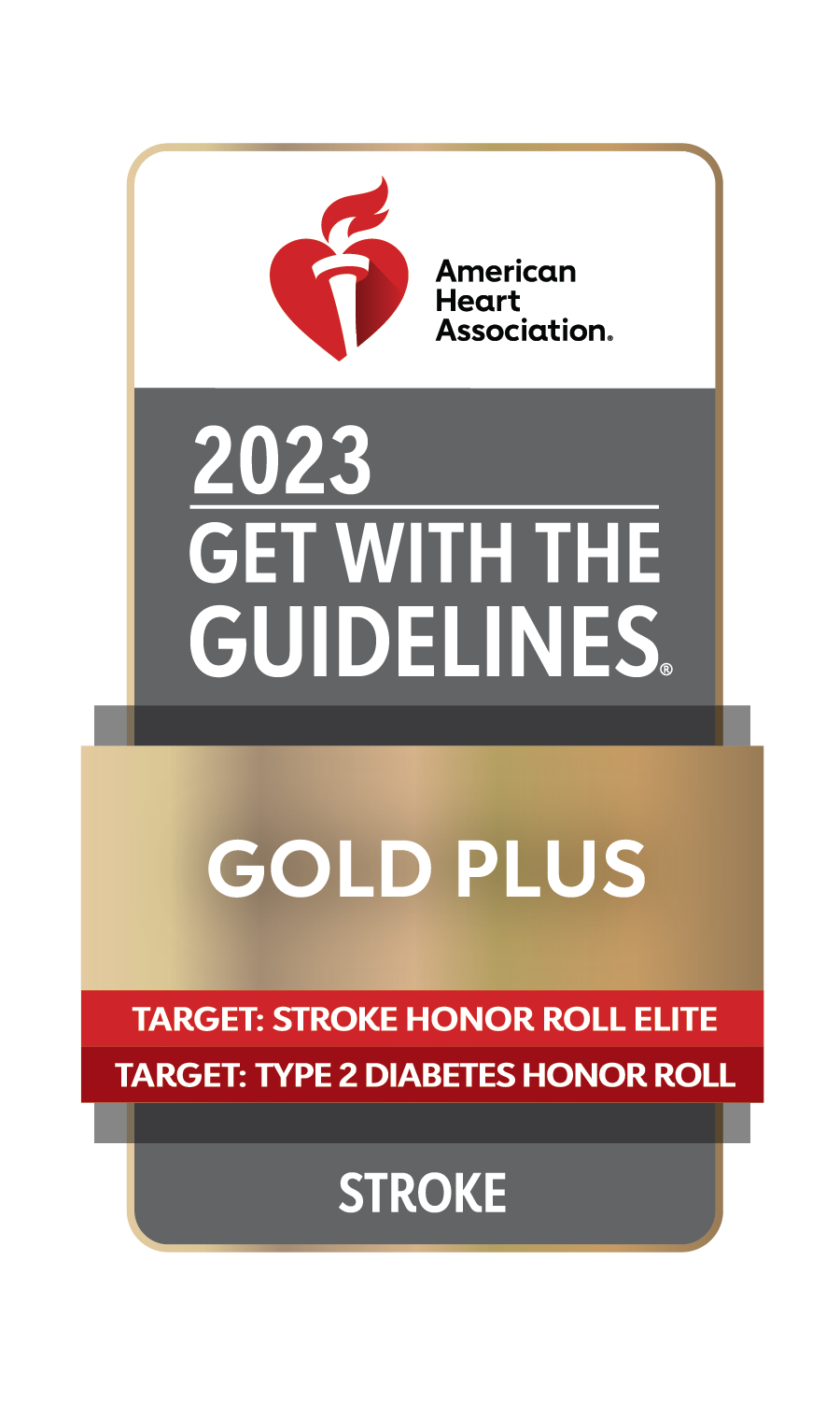 Gold, grey and red icon for 2023 Get with the Guidelines Gold Plus with the American Heart Association logo