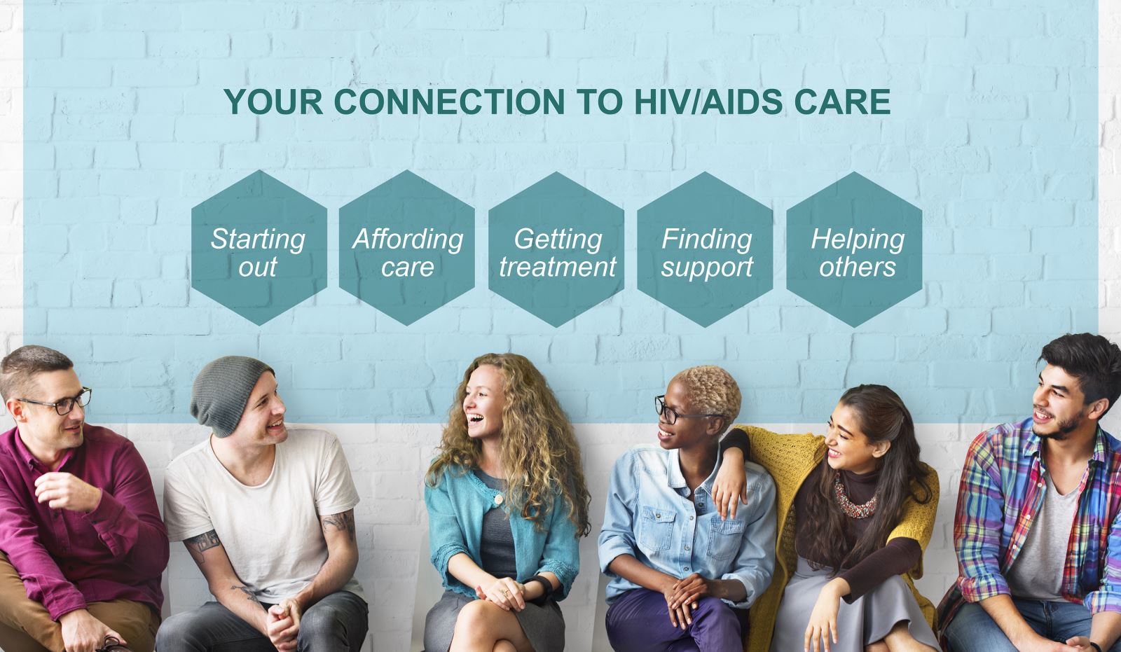 People sitting on a bench beneath the words Your Connection to HIV/AIDS Care