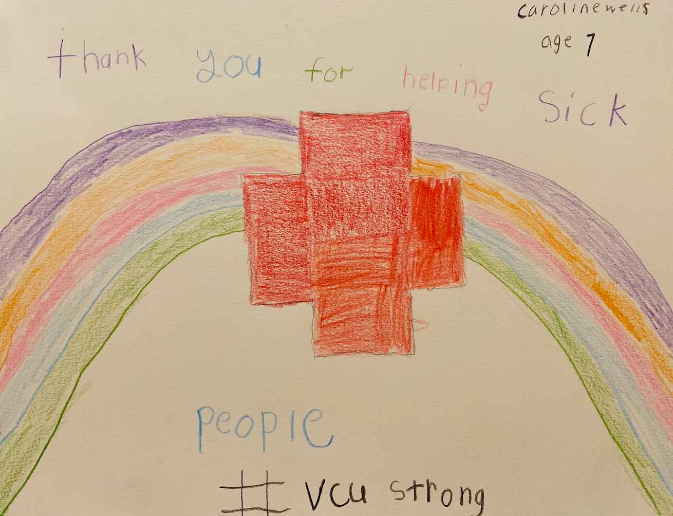 Drawing of a red cross over a rainbow