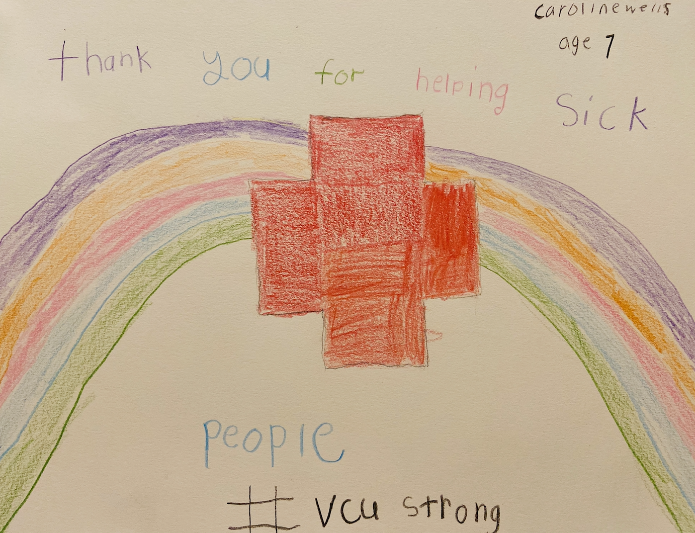 Drawing of a red cross over a rainbow