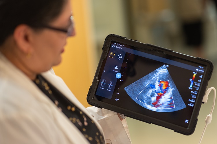 Dr. Hem Bhardwaj uses a portable echo device