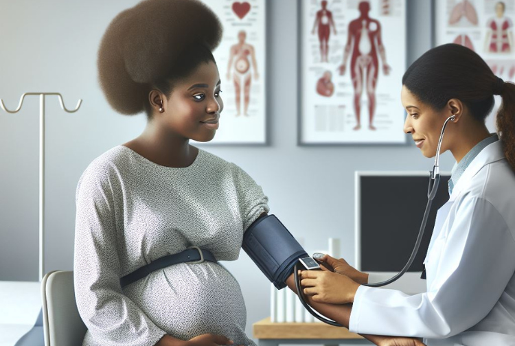A pregnant woman having her blood pressure checked.